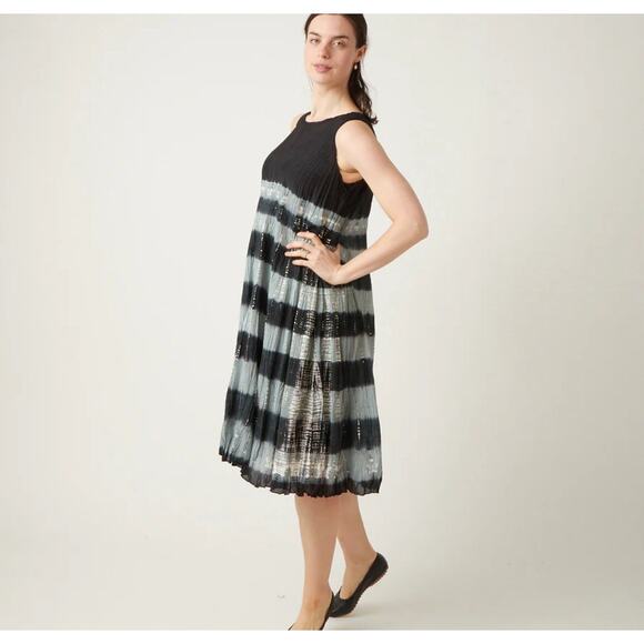 Viviana Uchitel Swing Dress Black Metallic Aqua Silver Gray Pleated $560 EUC - Picture 6 of 7